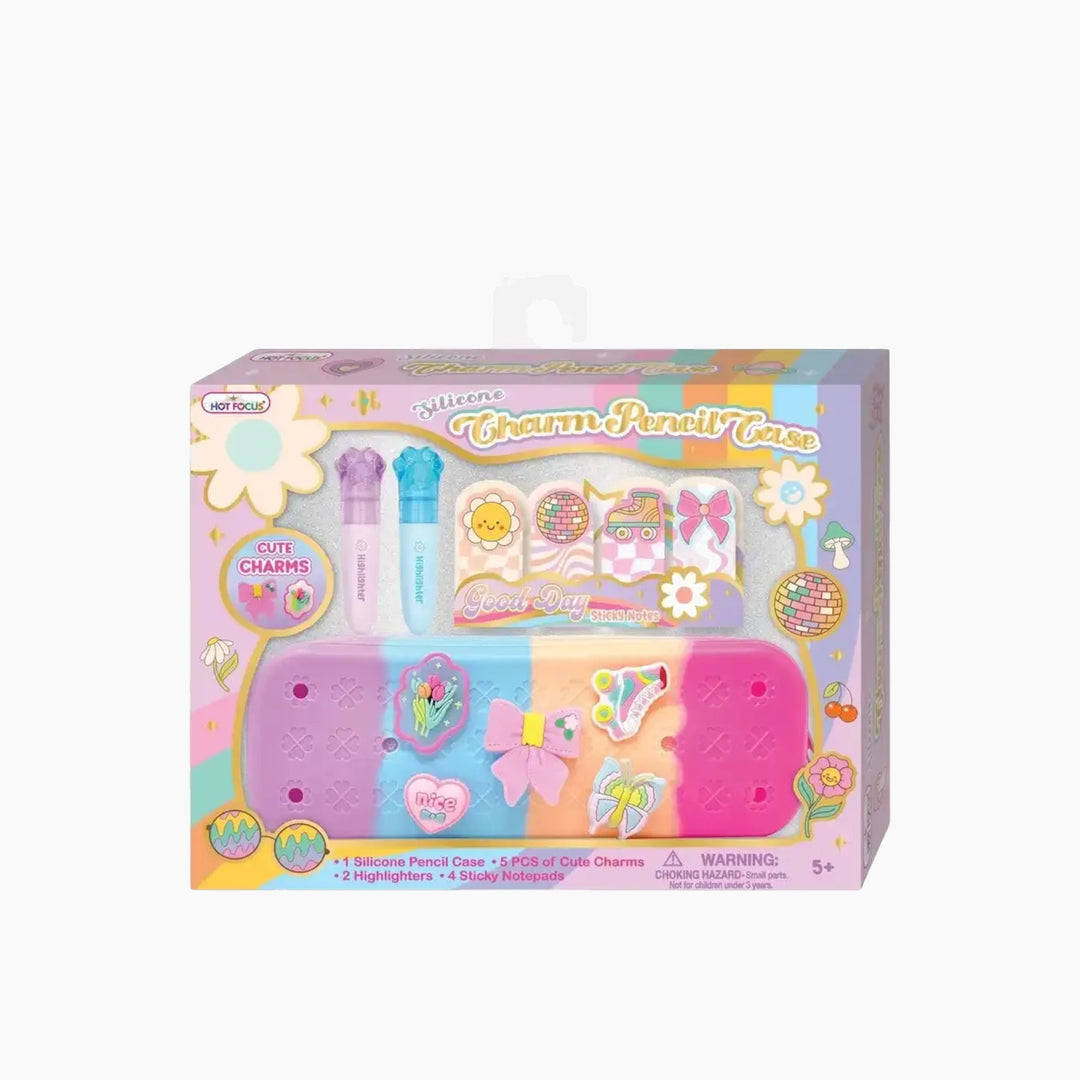 Hot Focus Charm Pencil Case with novelty charms, mini highlighters, and sticky notepads
