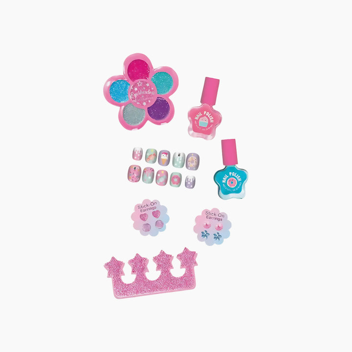 Hot Foucs Sparkle Beauty makeup kit with groovy flower press-on nails