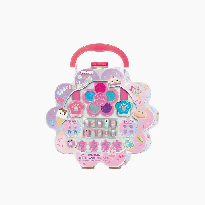 Hot Foucs Sparkle Beauty makeup kit with groovy flower press-on nails