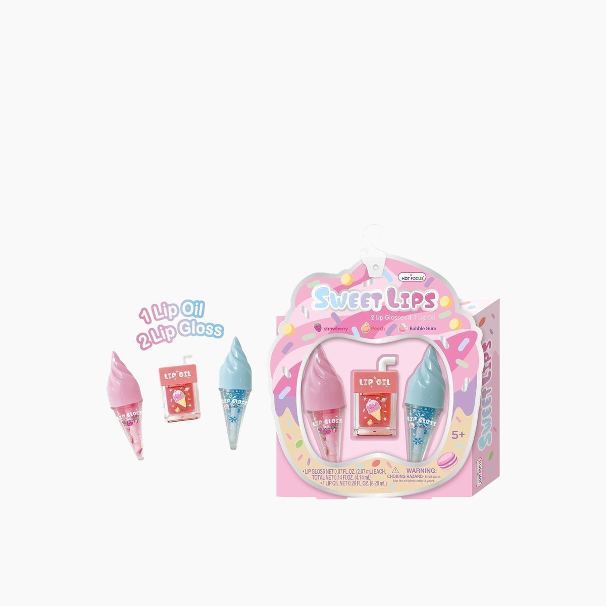 Hot Foucs Liplicious - Sweets trio with strawberry and bubblegum lip glosses and peach lip oil