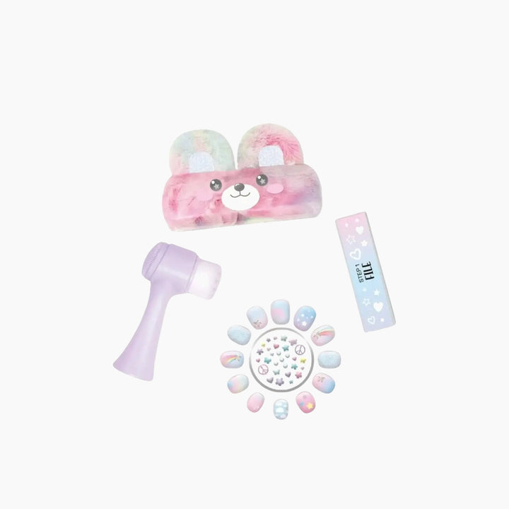 Hot Focus Beauty Spa set with headband, nail buffer, facial brush, stickers, and press-on nails