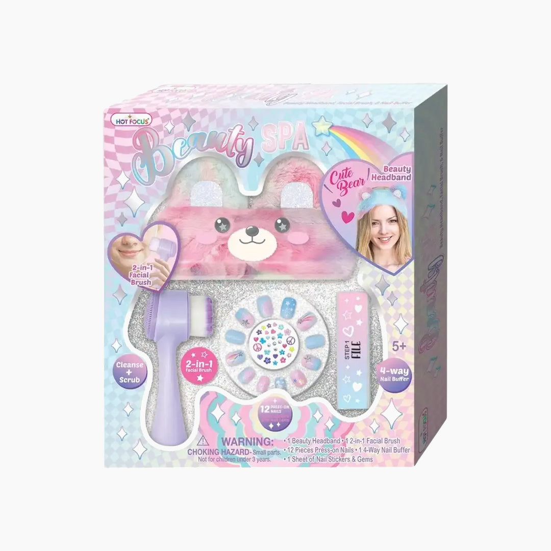 Hot Focus Beauty Spa set with headband, nail buffer, and facial brush