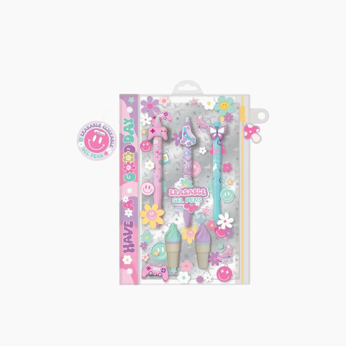 Hot Focus Click & Erasable Gel Pen - Rainbow set with three pens, two highlighters, stickers, and pouch