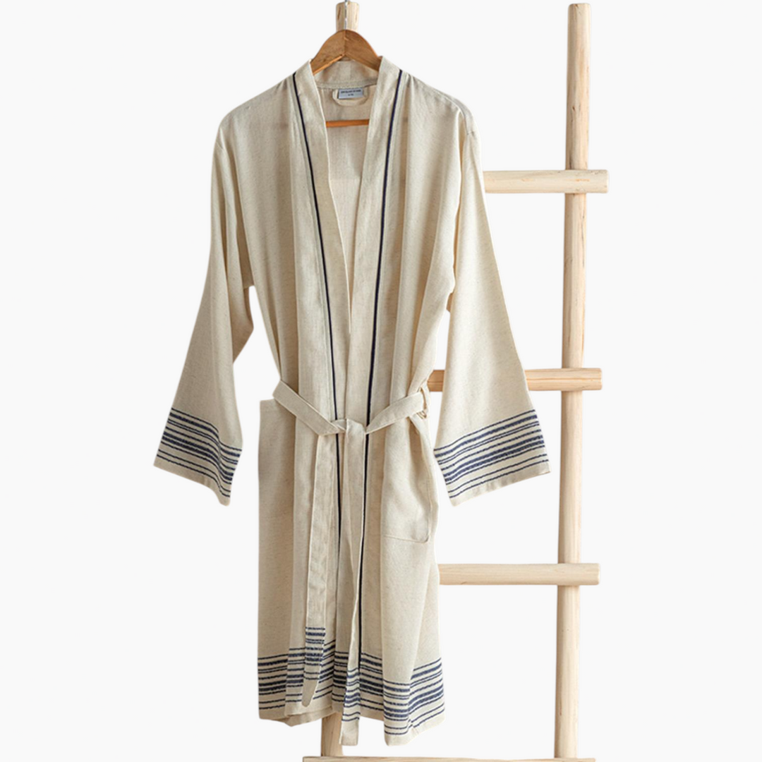 Lola Cotton &amp; Linen Peshtemal Bathrobe Beige - Navy Blue