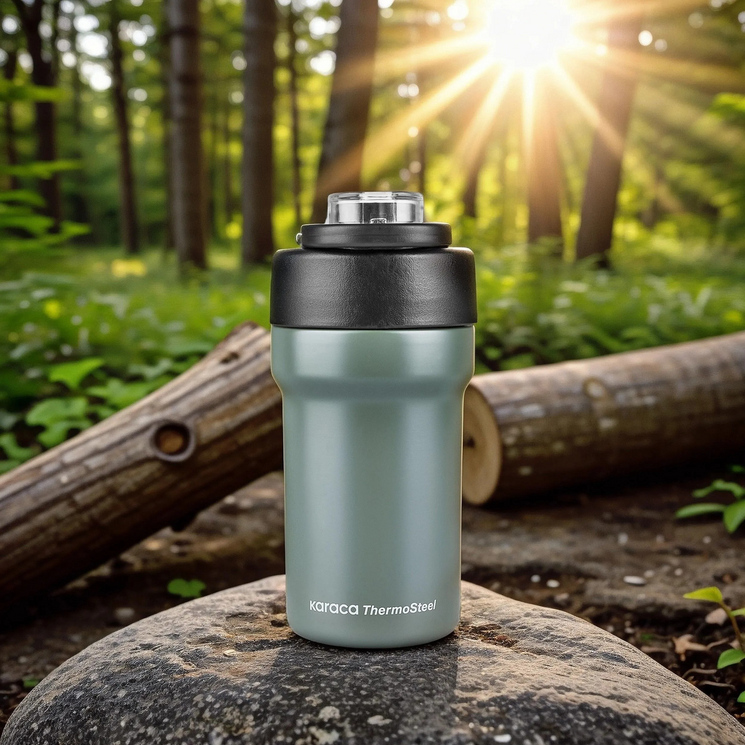 Karaca Thermosteel Camping 2-in-1 Steel Thermos - Khaki, 450 ml