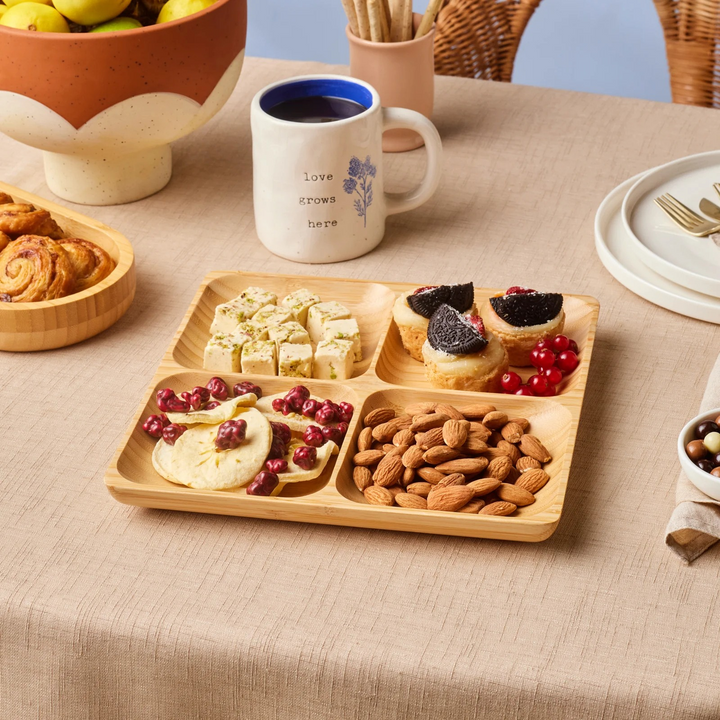 Karaca Bamboo Nora 4-Compartment Square Serving Tray – Natural