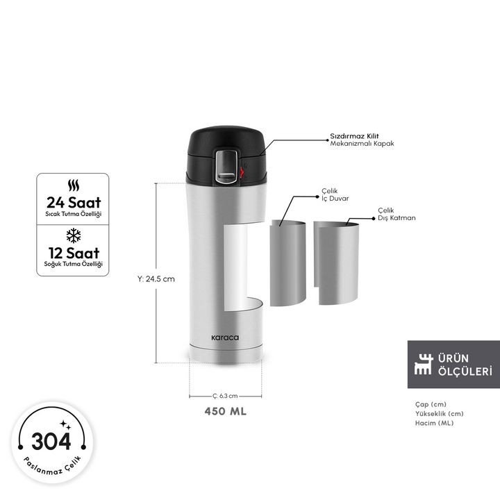 Karaca Pluton Stainless Steel Leakproof Thermos 450 ml – Inox