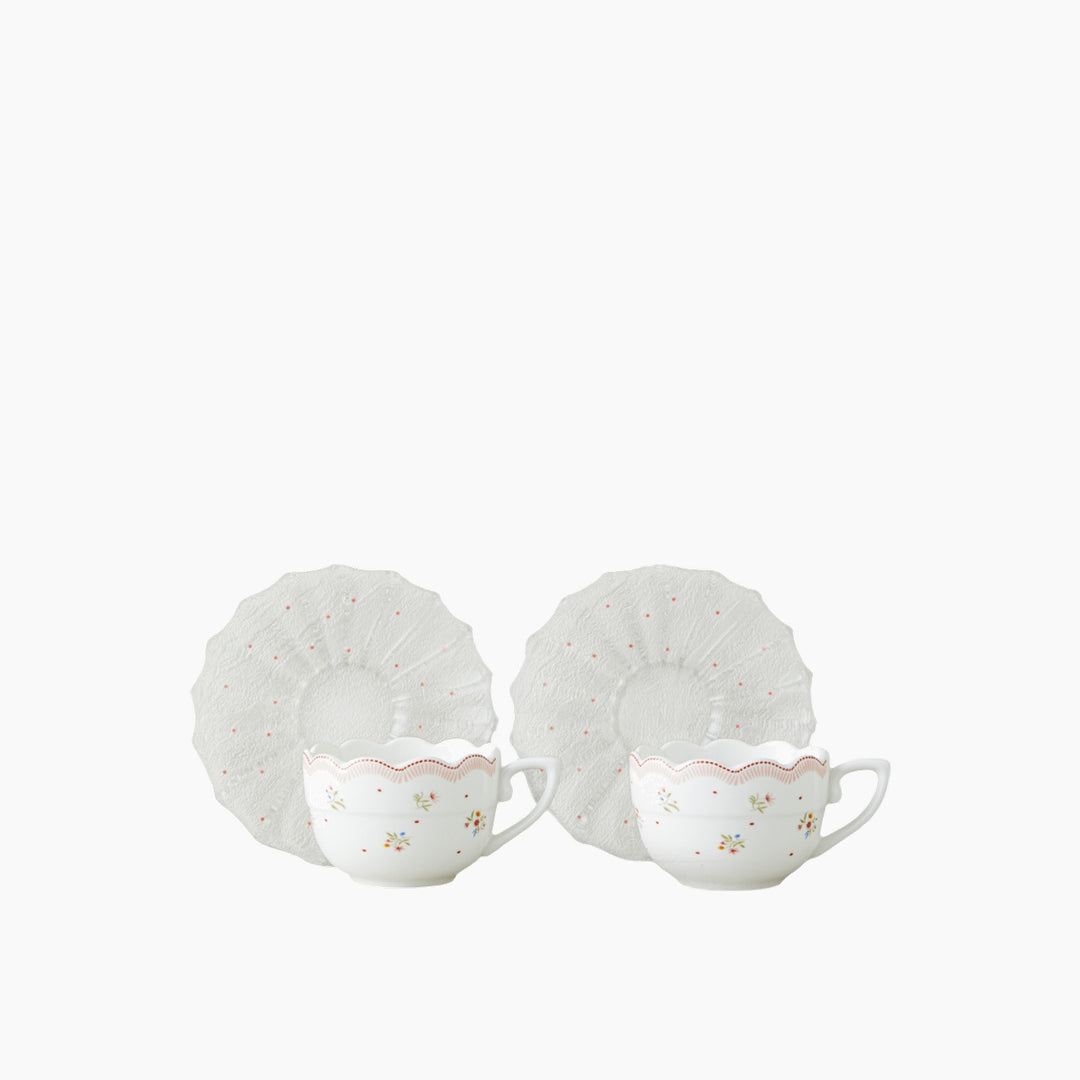 EH Daisy Days New Bone China 4 Pcs 2 Person Glass Plate Coffee Cup Set 80 Ml Pink - Green
