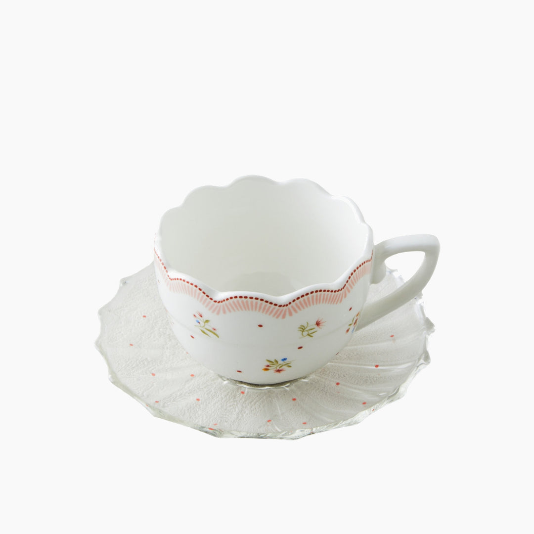 EH Daisy Days New Bone China 4 Pcs 2 Person Glass Plate Coffee Cup Set 80 Ml Pink - Green