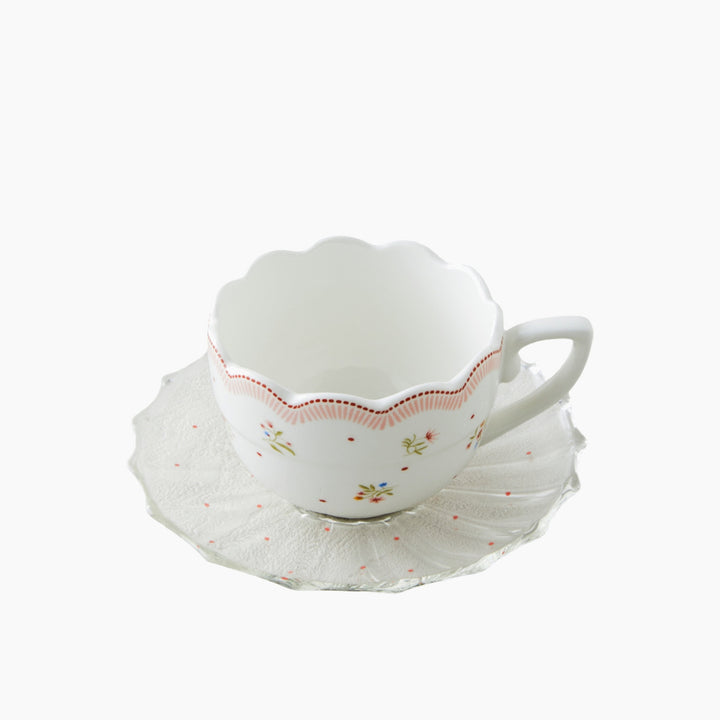 EH Daisy Days New Bone China 4 Pcs 2 Person Glass Plate Coffee Cup Set 80 Ml Pink - Green