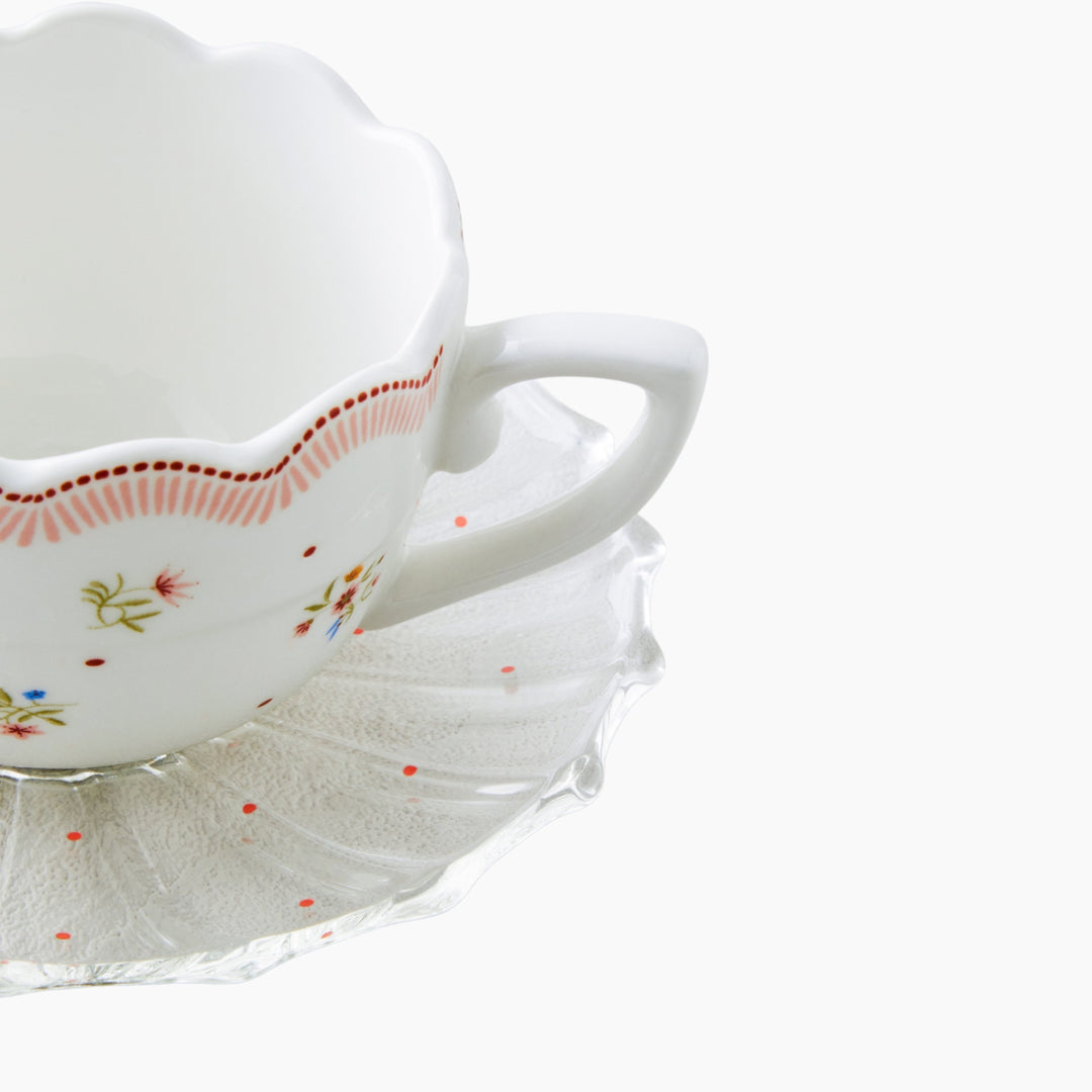EH Daisy Days New Bone China 4 Pcs 2 Person Glass Plate Coffee Cup Set 80 Ml Pink - Green