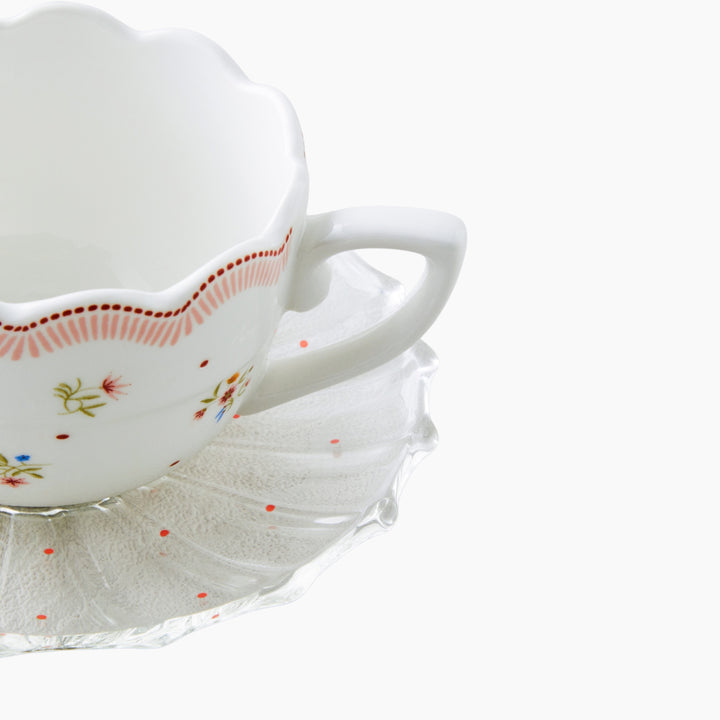 EH Daisy Days New Bone China 4 Pcs 2 Person Glass Plate Coffee Cup Set 80 Ml Pink - Green