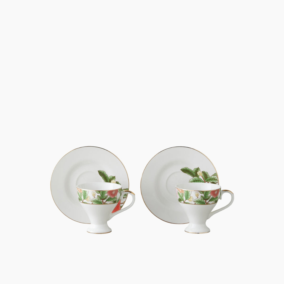 EH Garden Dream New Bone China 4 Pieces 2 Servings Coffee Cup Set 90 Ml Green-White