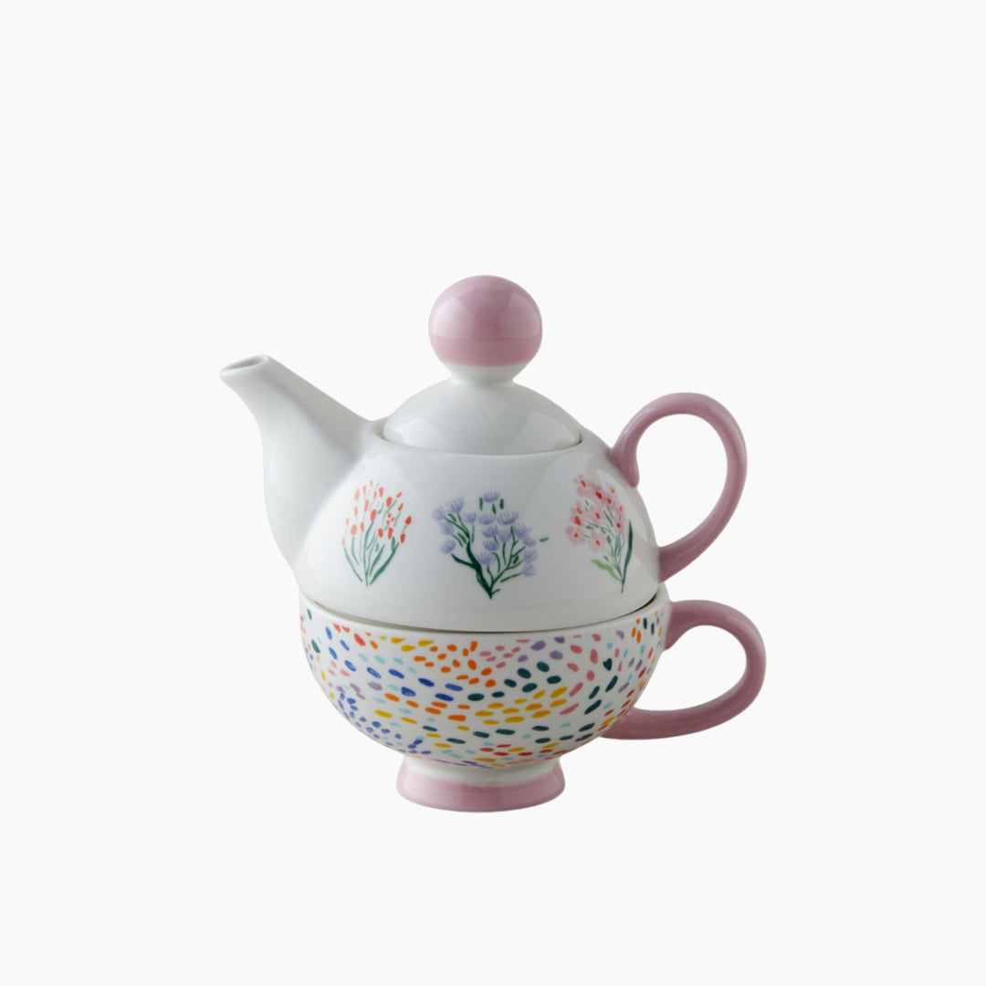 EH Blossom Frame New Bone China Tea Pot Set 400 – 290 Ml Pınk - White