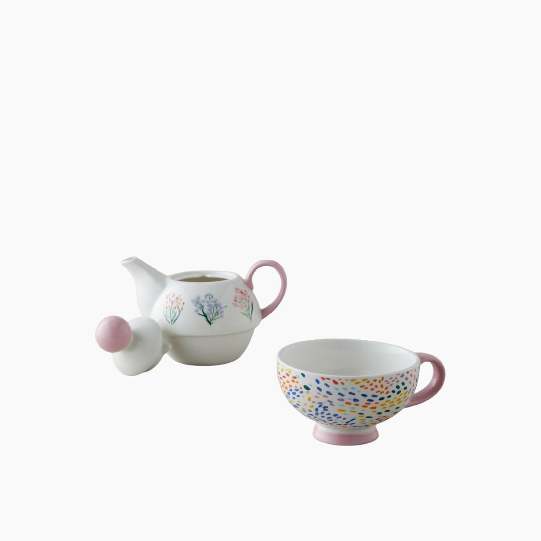 EH Blossom Frame New Bone China Tea Pot Set 400 – 290 Ml Pınk - White