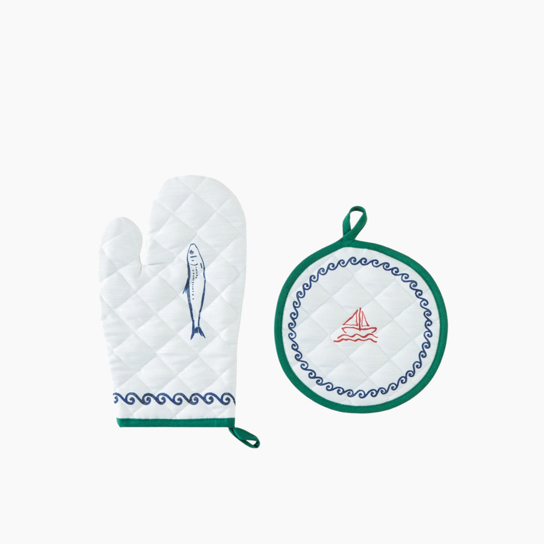 EH Maritime Melody Polyester 2-Piece Kitchen Set - White/Green, 17 x 30cm + 20 x 20cm