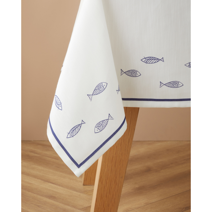 Seaside Whispers Polyester Table Cloth - White/Navy Blue, 150 x 200cm