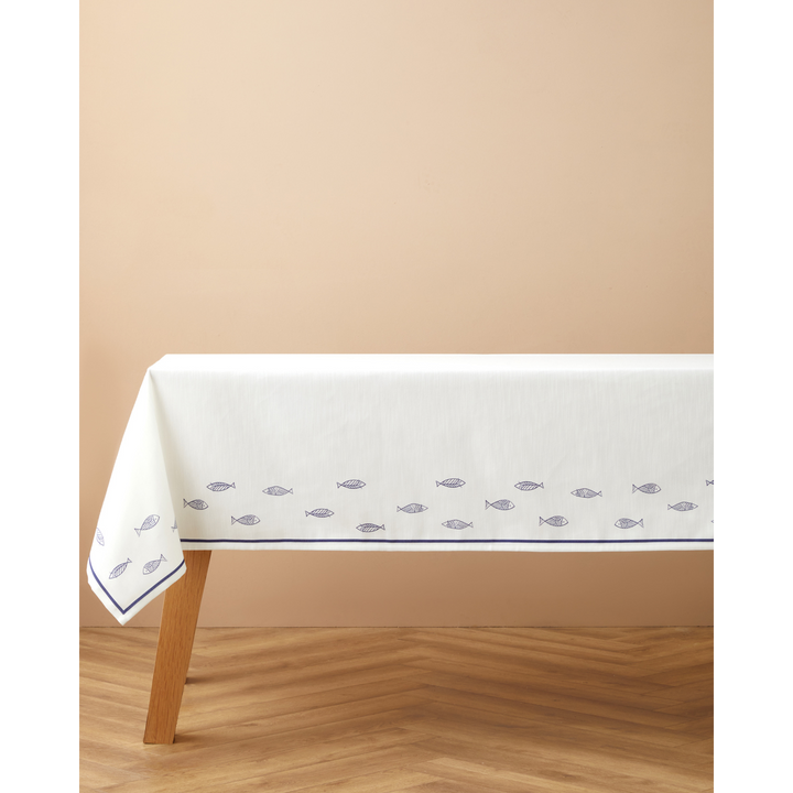 Seaside Whispers Polyester Table Cloth - White/Navy Blue, 150 x 200cm