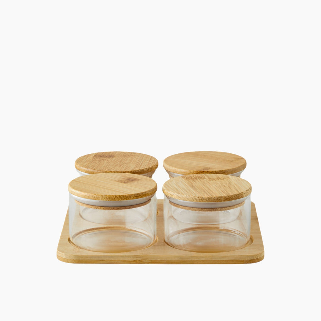 EH Glass-Bamboo 4 Pcs Breakfast Container 18 x 18 Cm Transparent