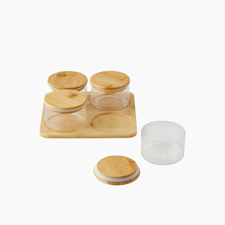 EH Glass-Bamboo 4 Pcs Breakfast Container 18 x 18 Cm Transparent