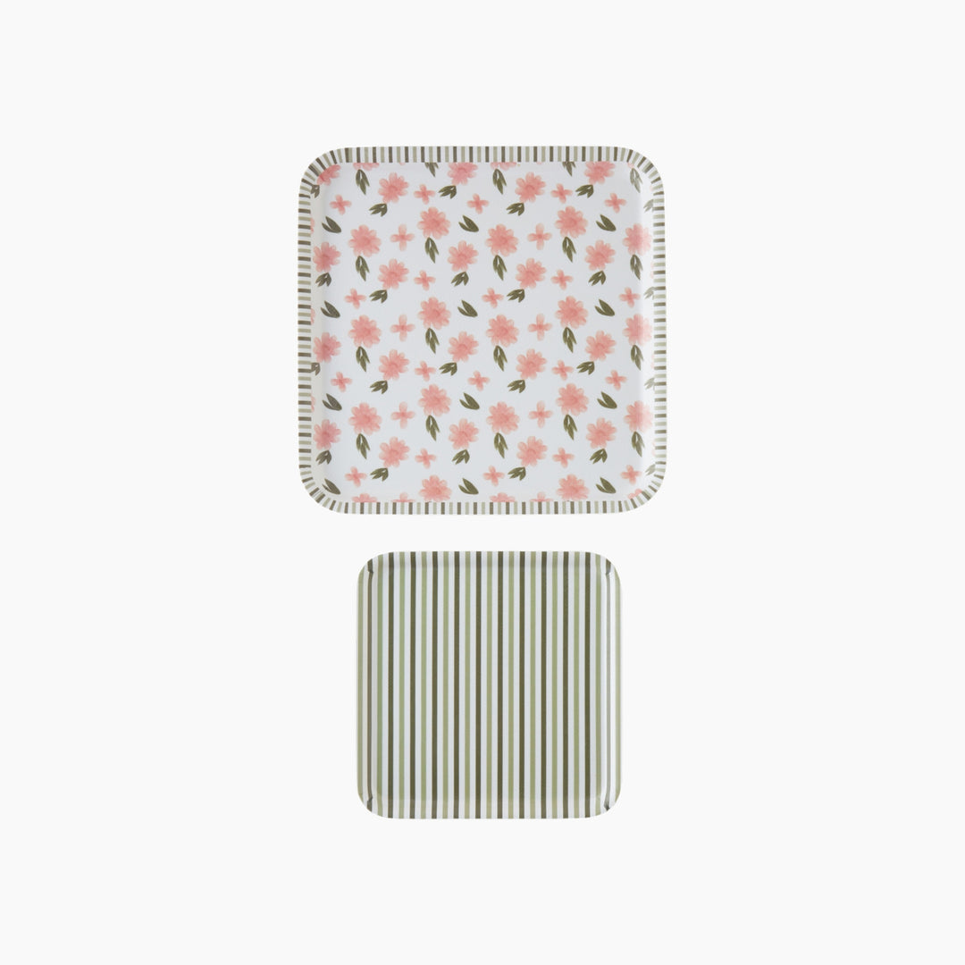 EH Petal Dreams Melamine 2 Pcs Anti-Slip Tray 33-24 Cm Pink - Green