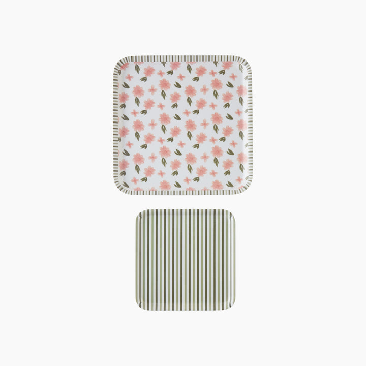EH Petal Dreams Melamine 2 Pcs Anti-Slip Tray 33-24 Cm Pink - Green