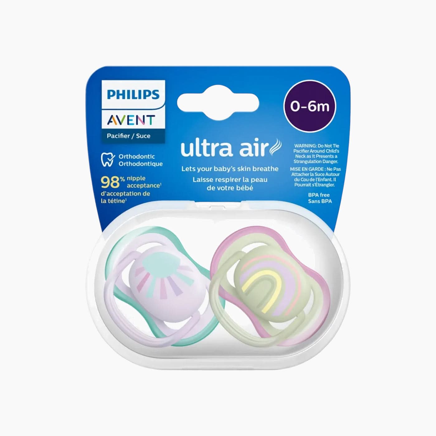 Philips Ultra Air Soother pacifiers, 0-6 months, blue and green