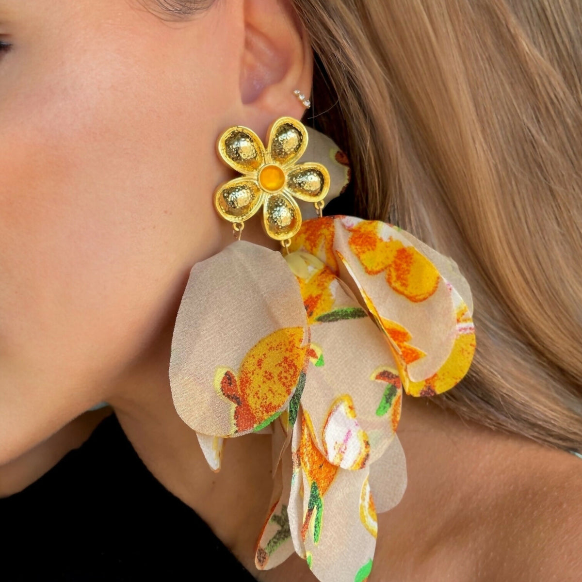 Golden Flora orange fabric petal statement earrings