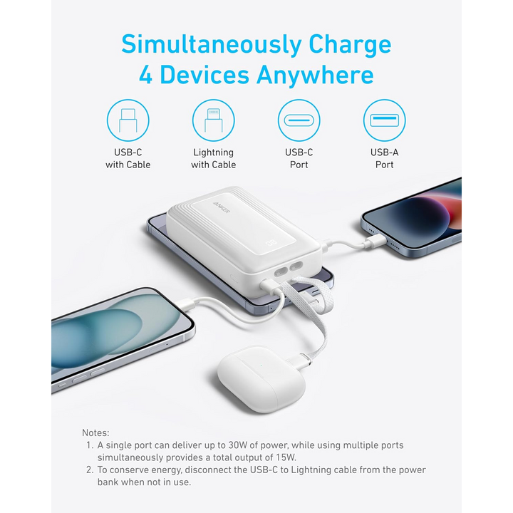 Anker 20,000mAh 30W power bank in black with integrated USB-C cable
