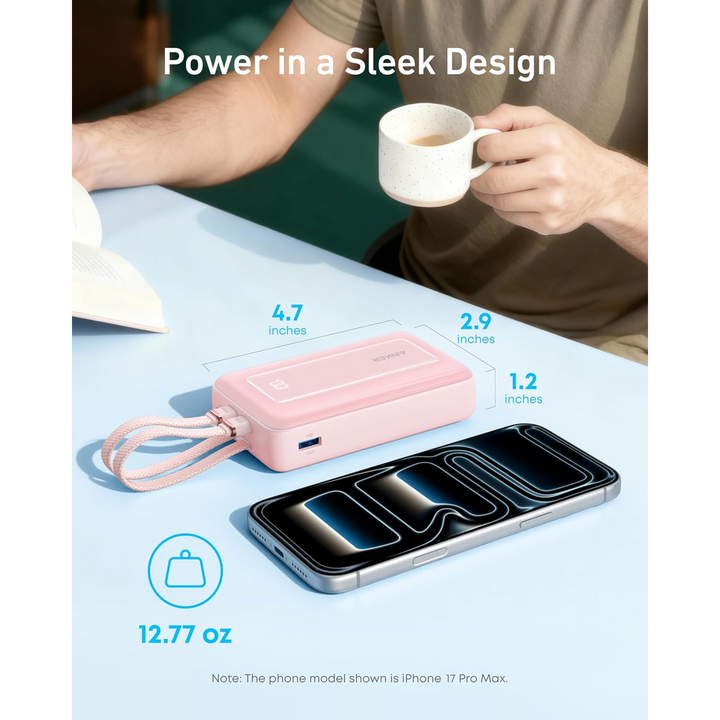 Anker 20,000mAh 30W power bank in black with integrated USB-C cable