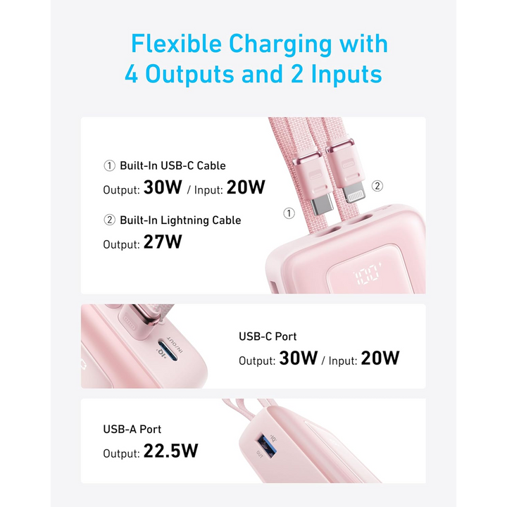 Anker 20,000mAh 30W power bank in black with integrated USB-C cable