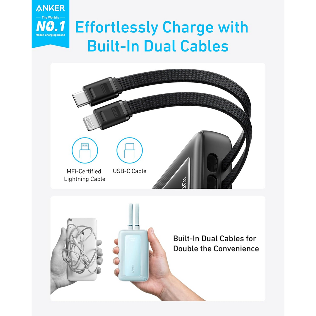 Anker 20,000mAh power bank in black with integrated USB-C cable