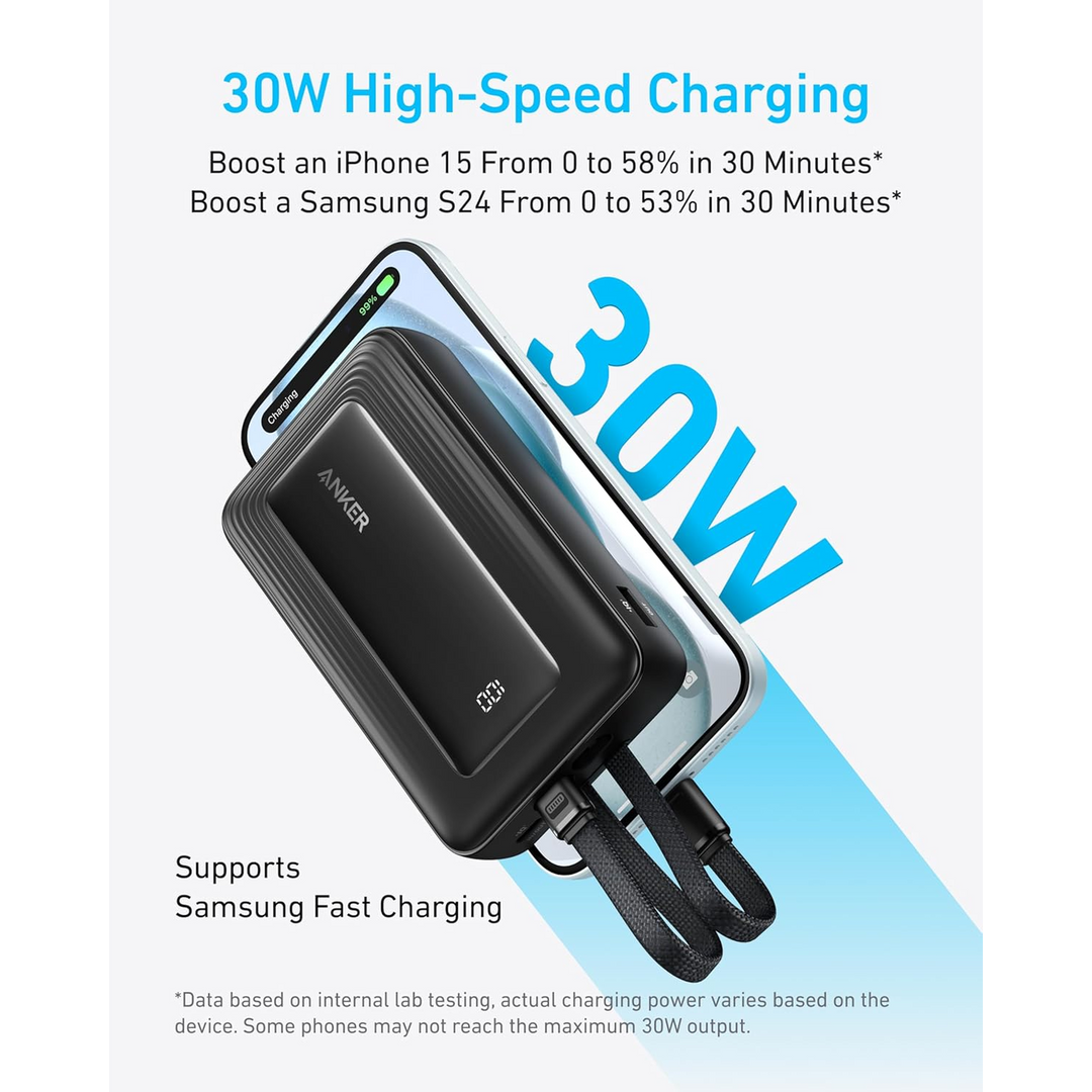 Anker 20,000mAh 30W Power Bank in Black with integrated USB-C cable