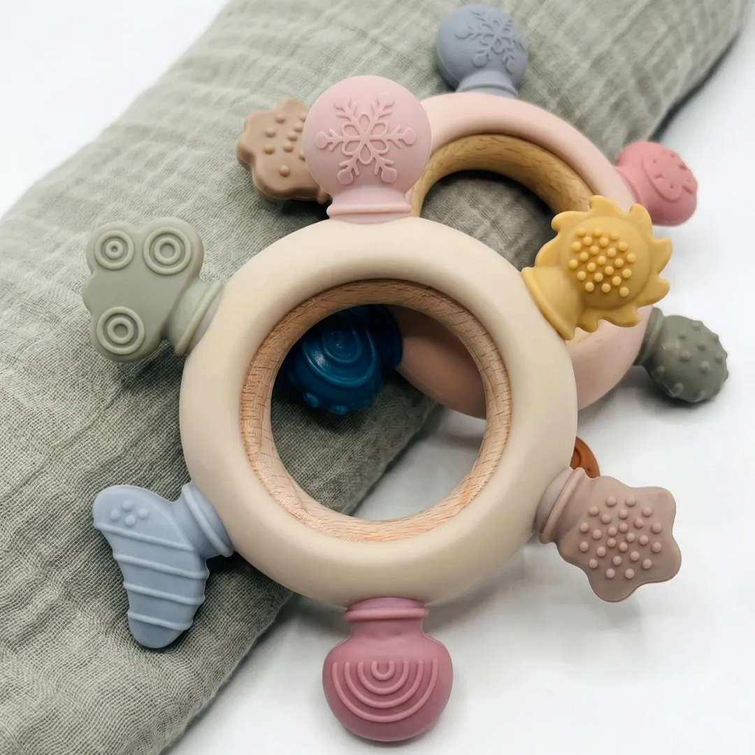 Ababy Silicone Wooden Ring Teether Natural Beechwood With Six Textured Shapes 4 Months Plus