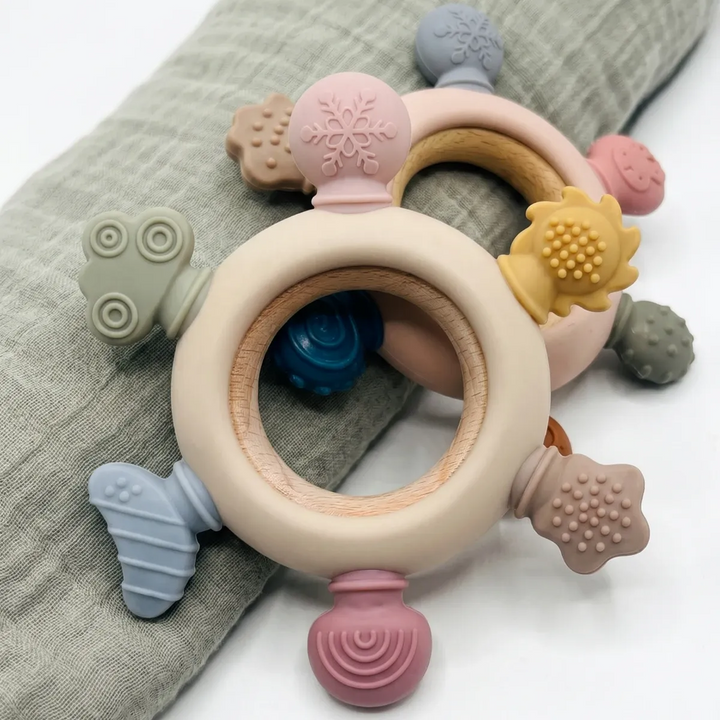 Ababy Silicone Wooden Ring Teether Natural Beechwood With Six Textured Shapes 4 Months Plus