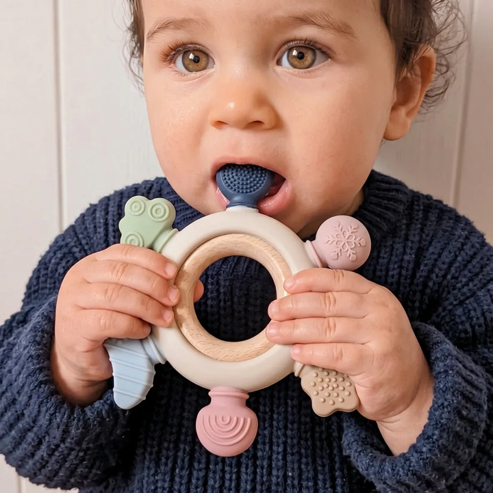 Ababy Silicone Wooden Ring Teether Natural Beechwood With Six Textured Shapes 4 Months Plus