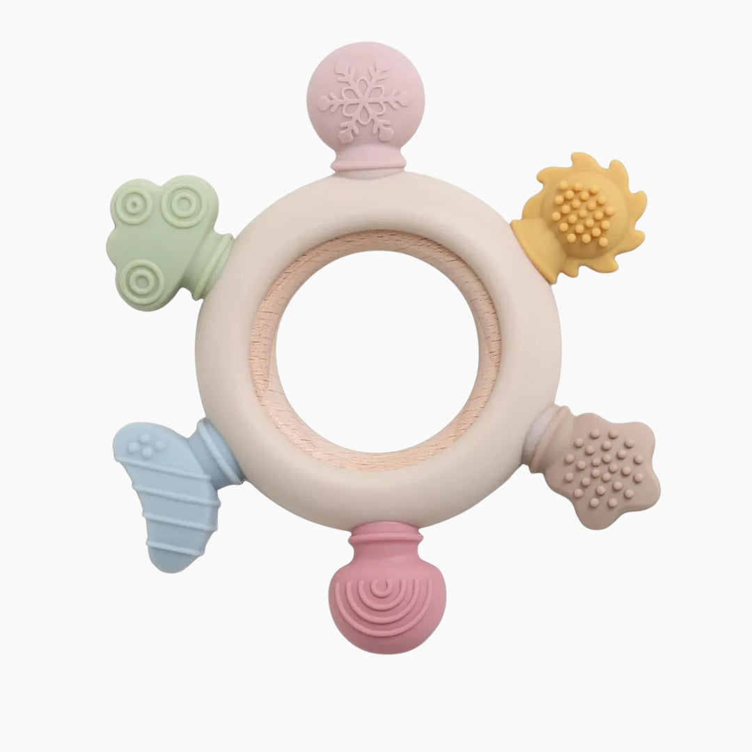 Ababy Silicone Wooden Ring Teether Natural Beechwood With Six Textured Shapes 4 Months Plus