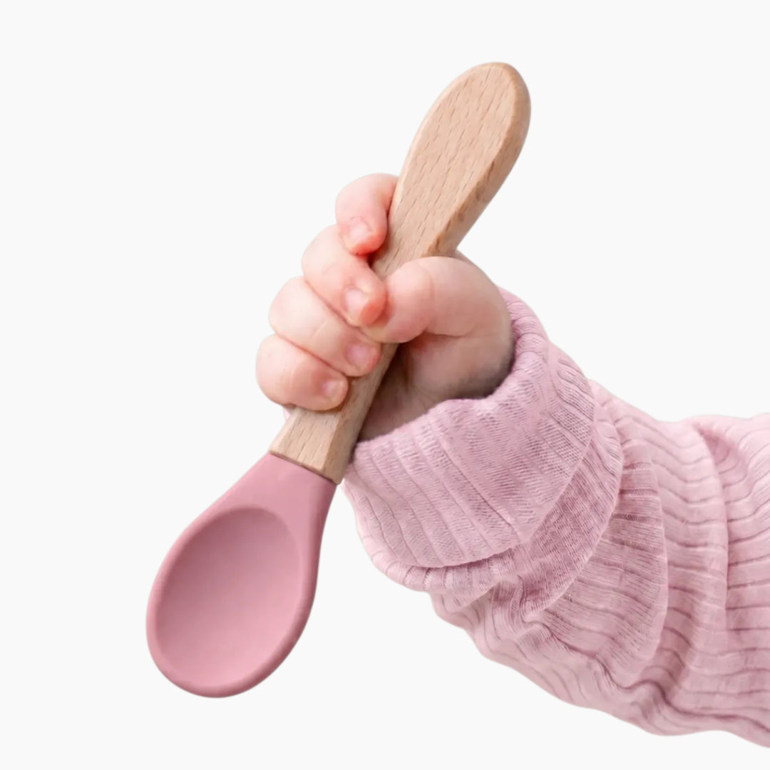 Ababy Silicone Baby Feeding Spoon Soft Rounded Tip With Natural Wooden Handle 4 Months Plus