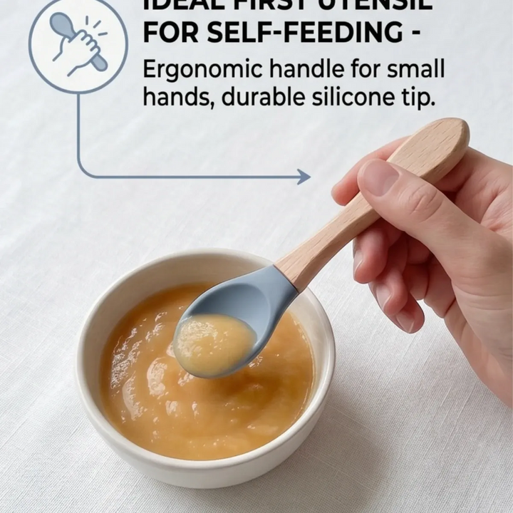 Ababy Silicone Baby Feeding Spoon Soft Rounded Tip With Natural Wooden Handle 4 Months Plus