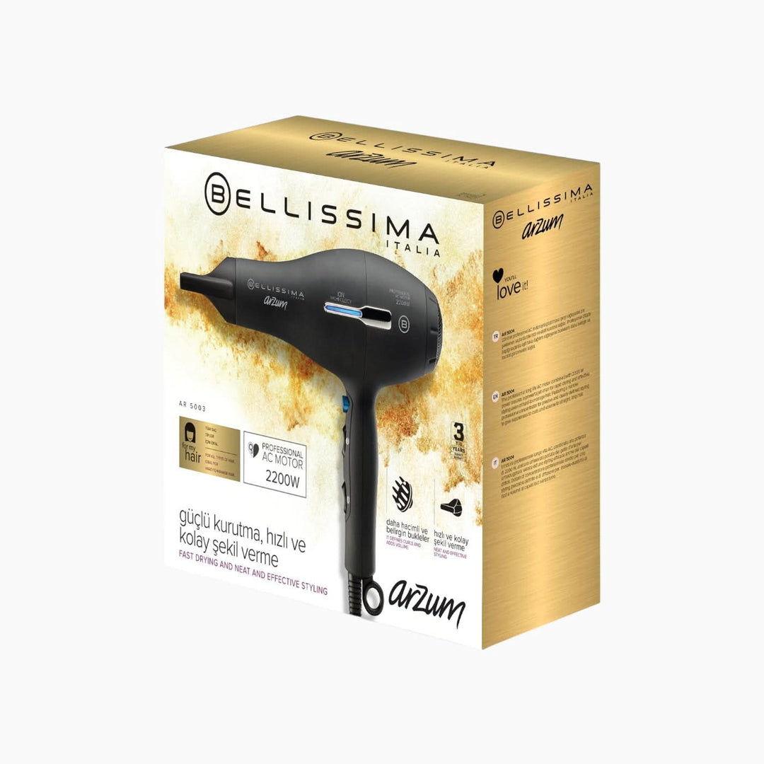 مجفف الشعر الاحترافي Bellissima - 2 200 واط، أيوني، 3 درجات حرارة، أسود