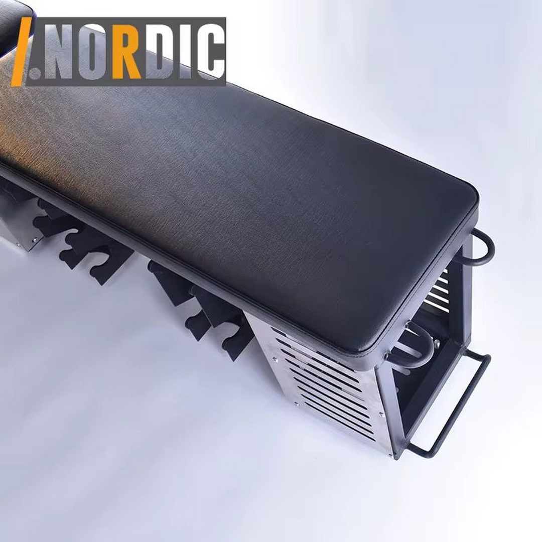 Adjustable fitness bench with integrated weight storage and wheels