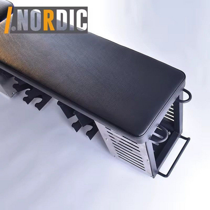 Adjustable fitness bench with integrated weight storage and wheels