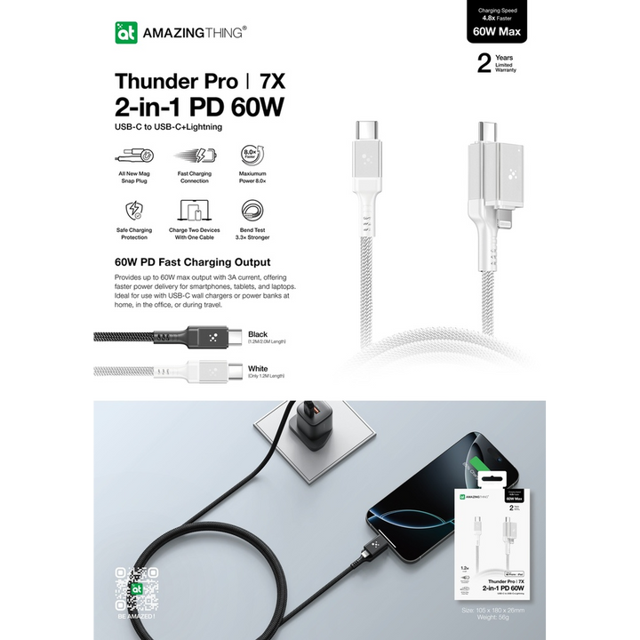Amazing Things Thunder Pro i7X 2-in-1 USB-C/Lightning Cable 1.2m