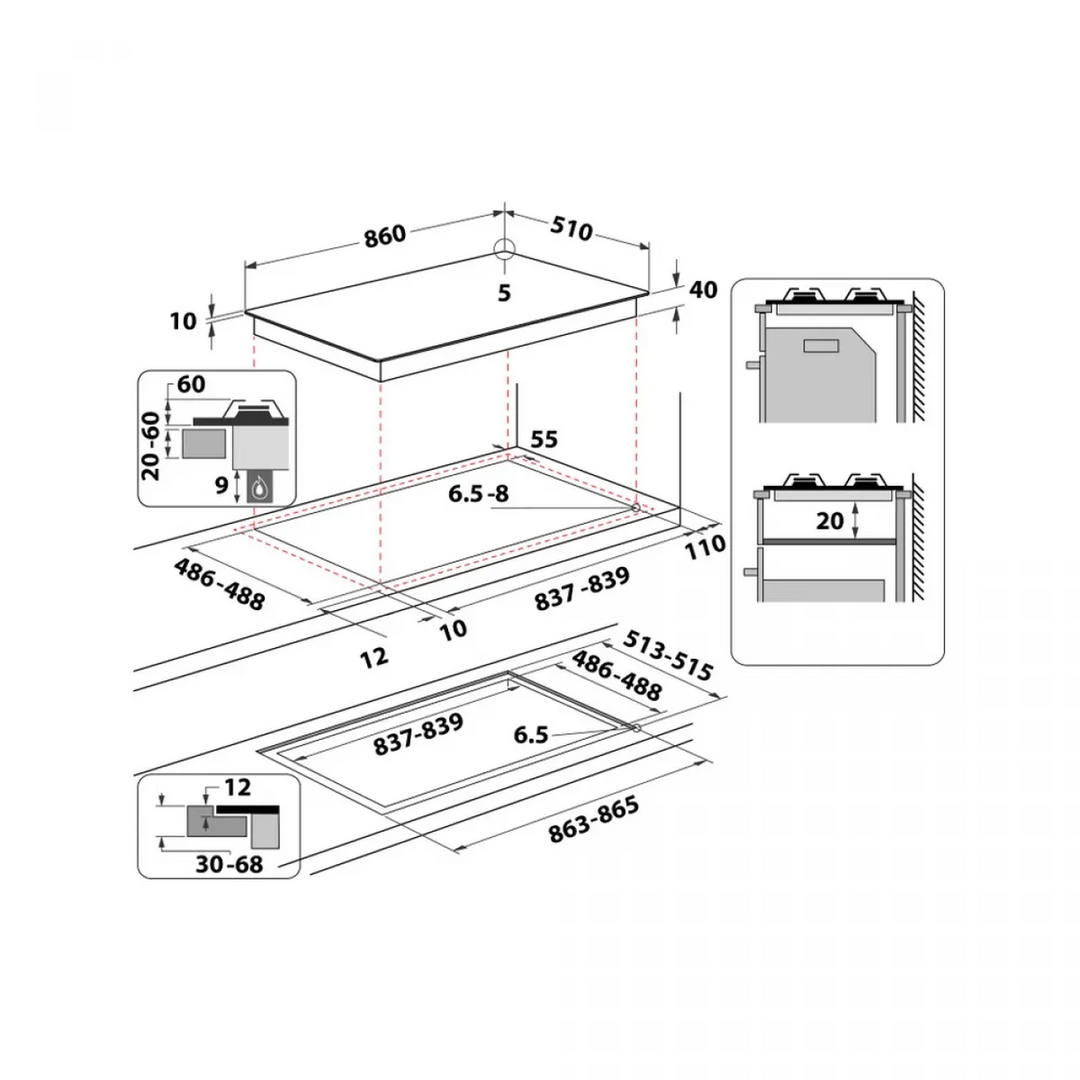 Ariston Built-In Gas Hob 90 cm Black Glass