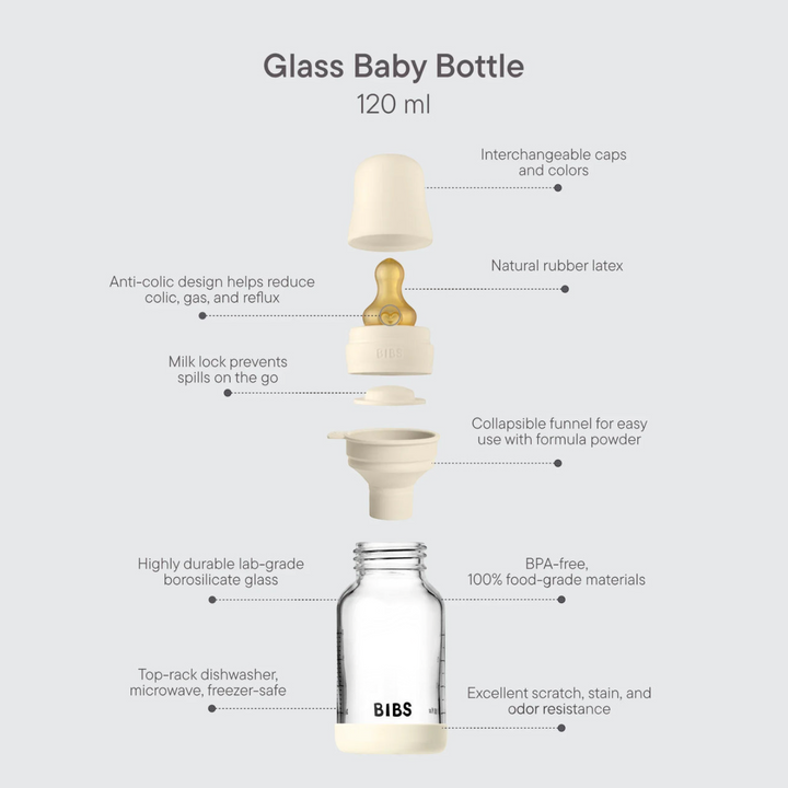 Bibs Glass Bottle Round LaTeX Slow Flow - 120ML Ivory