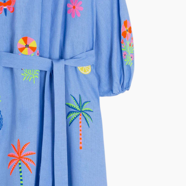 Vilagallo Blue Dress With Tropical Embroidery