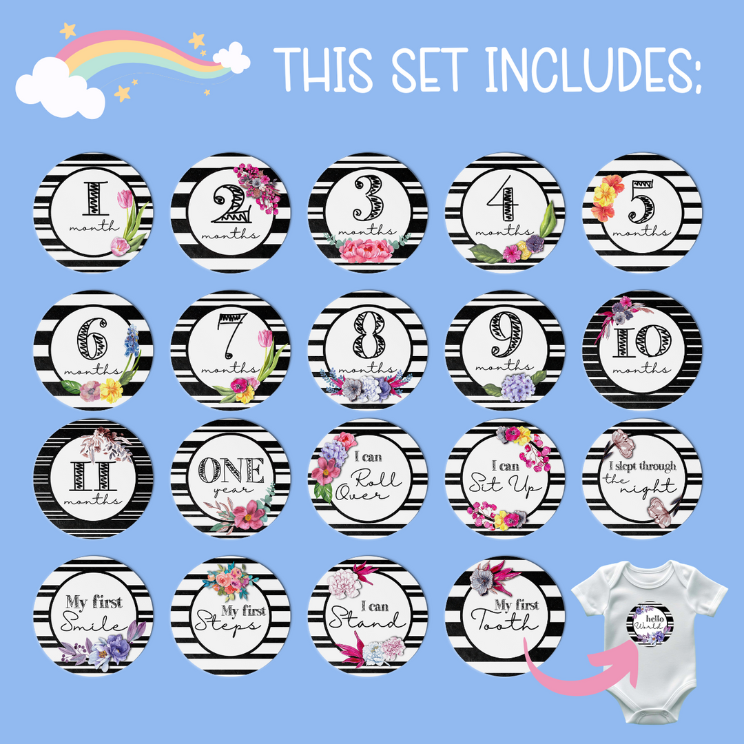 Twinkle &amp; Giraffe B&amp;W Stripes and Flowers Milestone Stickers