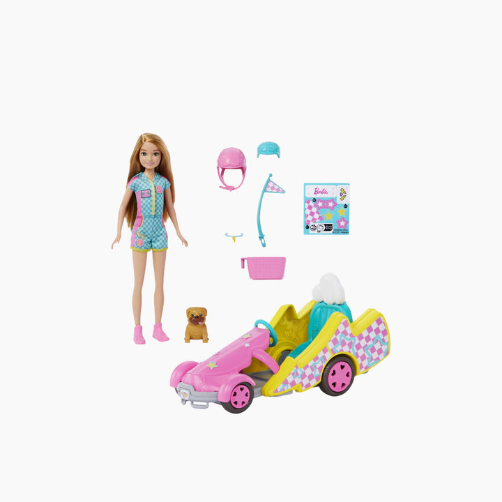Mattel Barbie Stacie Racer Doll With Go-Kart Toy Car Dog Accessories &amp; Sticker Sheet