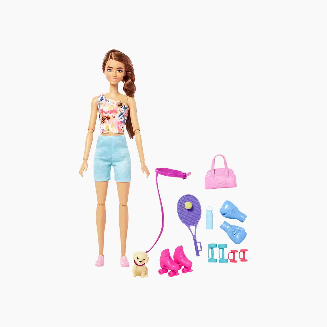 Mattel Barbie Wellness Workout Outfit Roller Skates And Tennis With Puppy