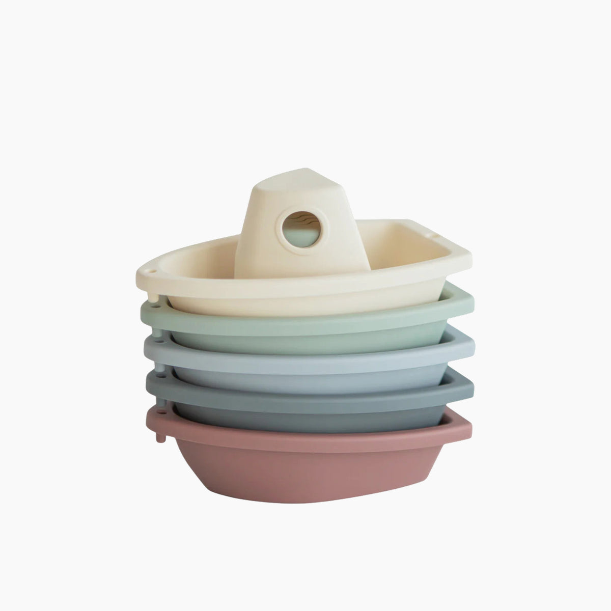 Set of five stackable, linkable plastic bath boats